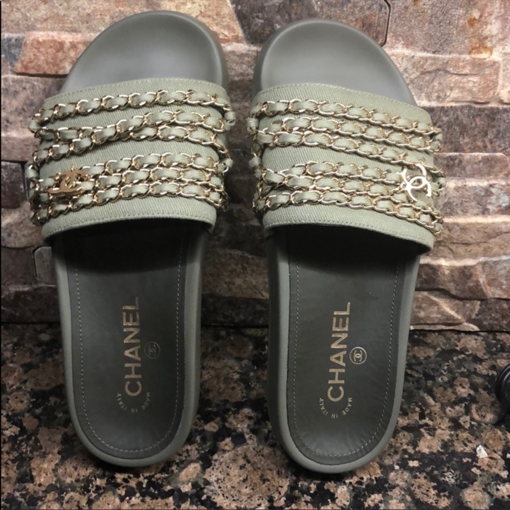 Chanel Tropicana slides khaki